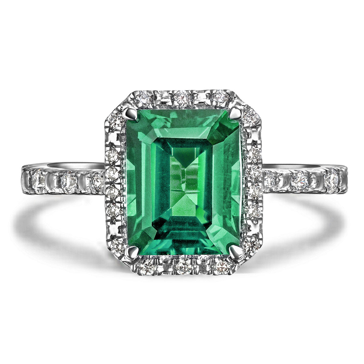 Astra 1.50ct Lab Emerald and Diamond Halo Shoulder Set Octagon Cut Ring in Silver